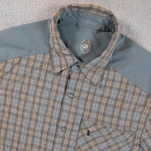 Club Ride Cycling Shirt Pearl Snap Zip Plaid Green Tan Mens Small